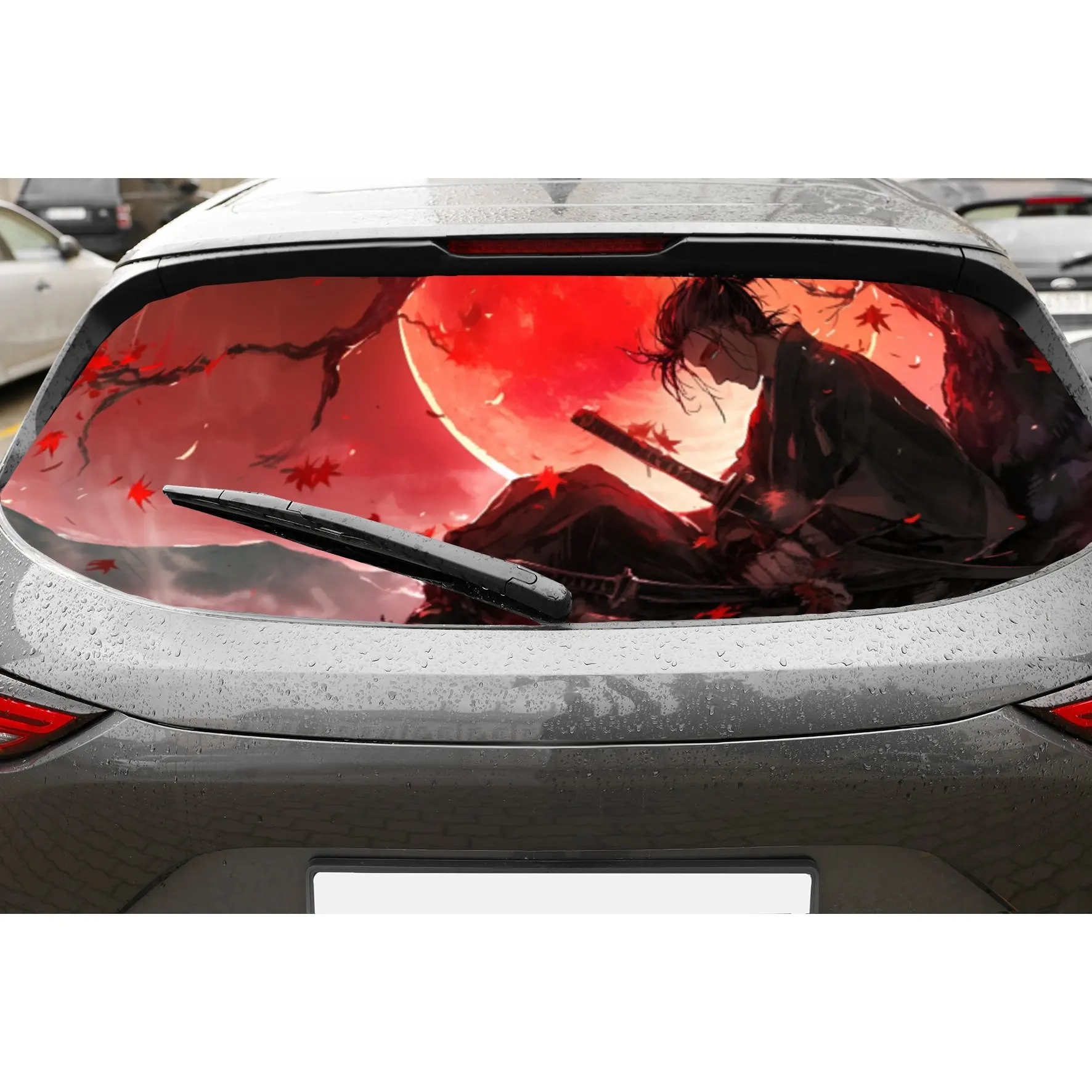 

Red Moon Swordsman PVC Perforated Car Vinyl Wraps, Privacy Enhancing Design for Rear Window, Car Rear Windshield Sticker for Mos