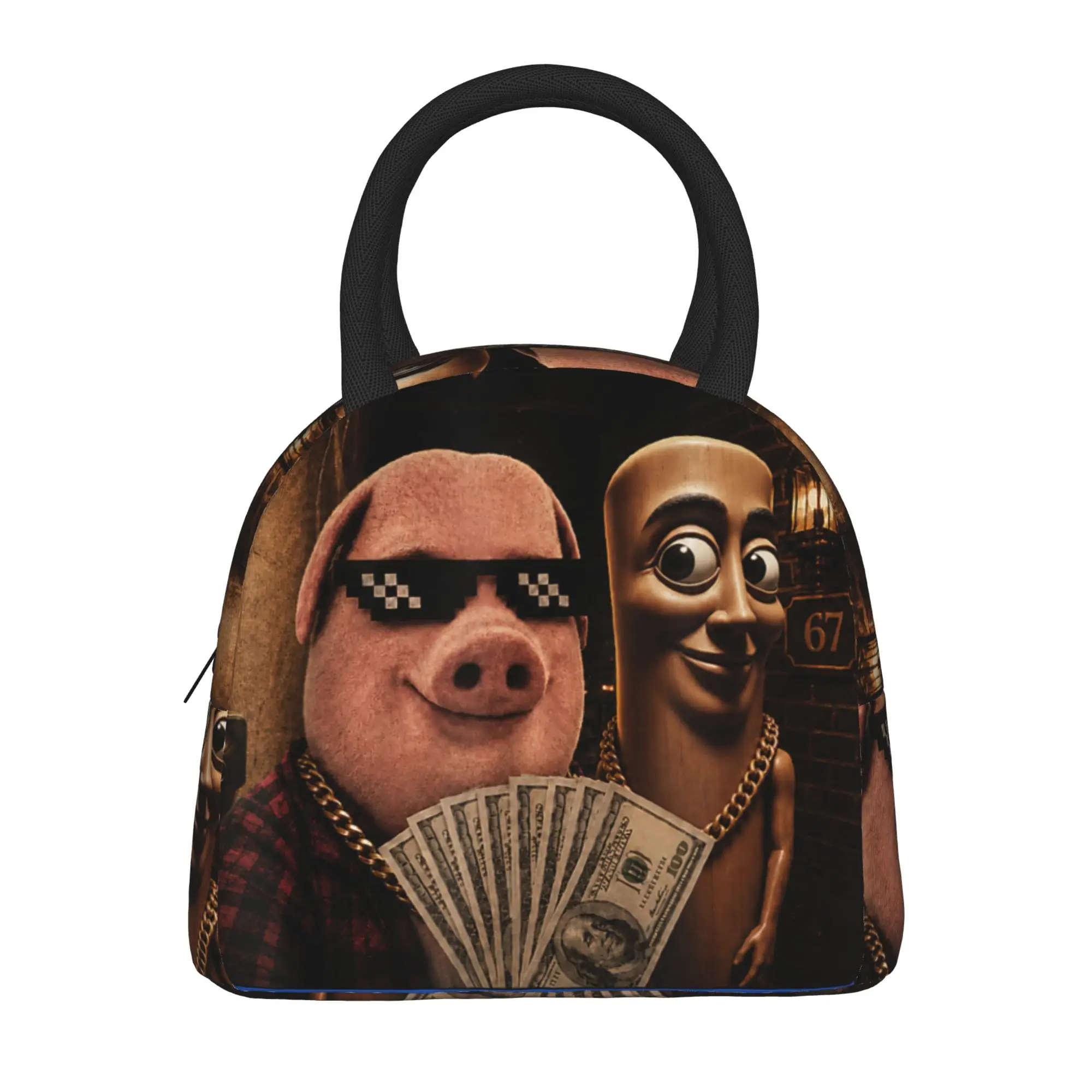 John Pork and Tung Tung Tung Sahur Front Door Motion Lunch Bag  Lunch Box Picnic Convenient Tote Food Bags For Women Cooler Bag
