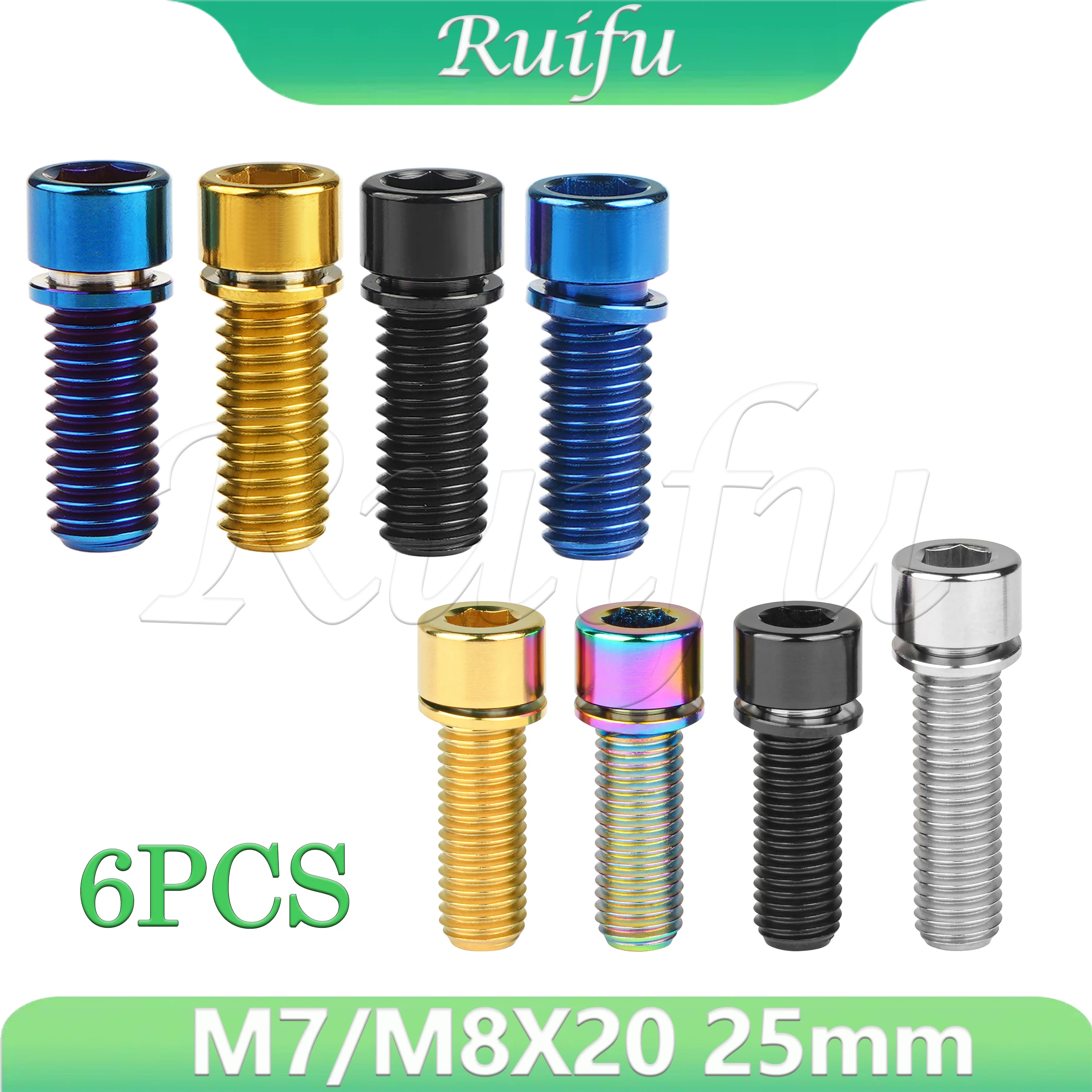 

Ruifu Titanium Bolt 6PCS M7/M8X20 25mm Ti Allen Small Head Bolt Screws with Washers for BMX Bike Bicycle Stem