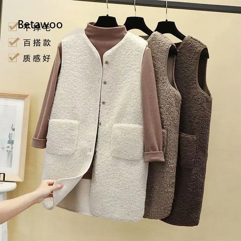 Women Mid Length Loose Faux Lamb Fur Vest Sleeveless Outerwear Soft Warm Waistcoat Stylish Versatile Design For Autumn And Wint 4