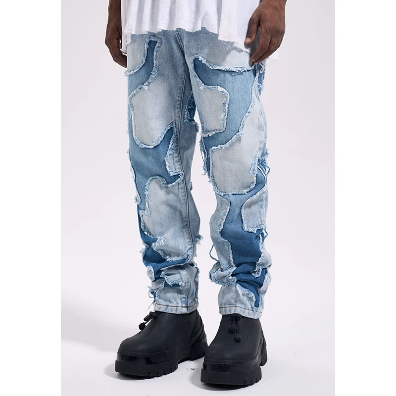 

High Street Designer Wear Washed Distressed Hollow Patch Groove Marks Retro Fashion Brand Pencil Pants Loose Jeans