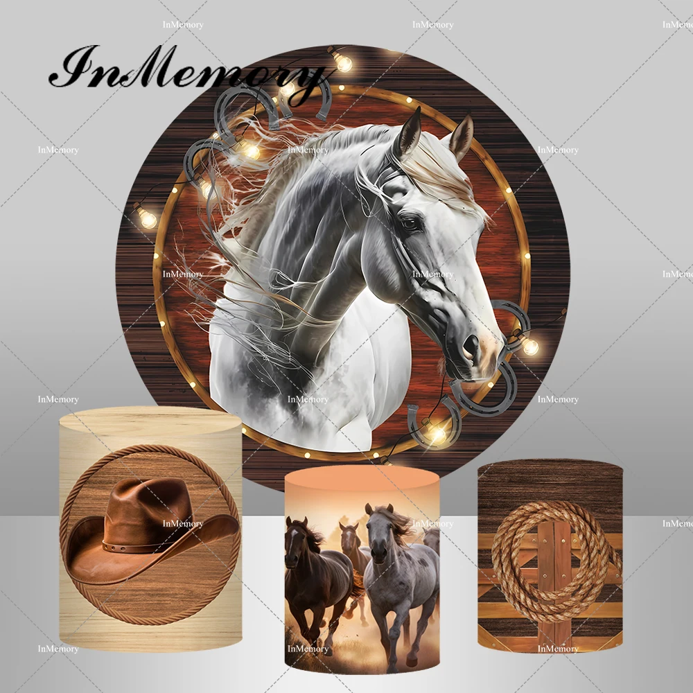 Western Cowboy Birthday Party Round Backdrop Cover Retro Wood Horse Stable Circle Backgrounds Pedestal Covers Supplier