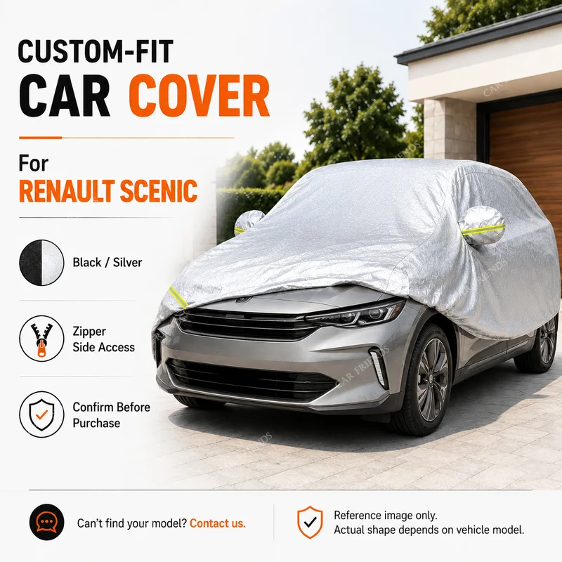 For Renault Scenic Custom Fit Full Car Cover Silver-Coated Oxford Fabric Side Zipper Access Heat Reflective UV Protection
