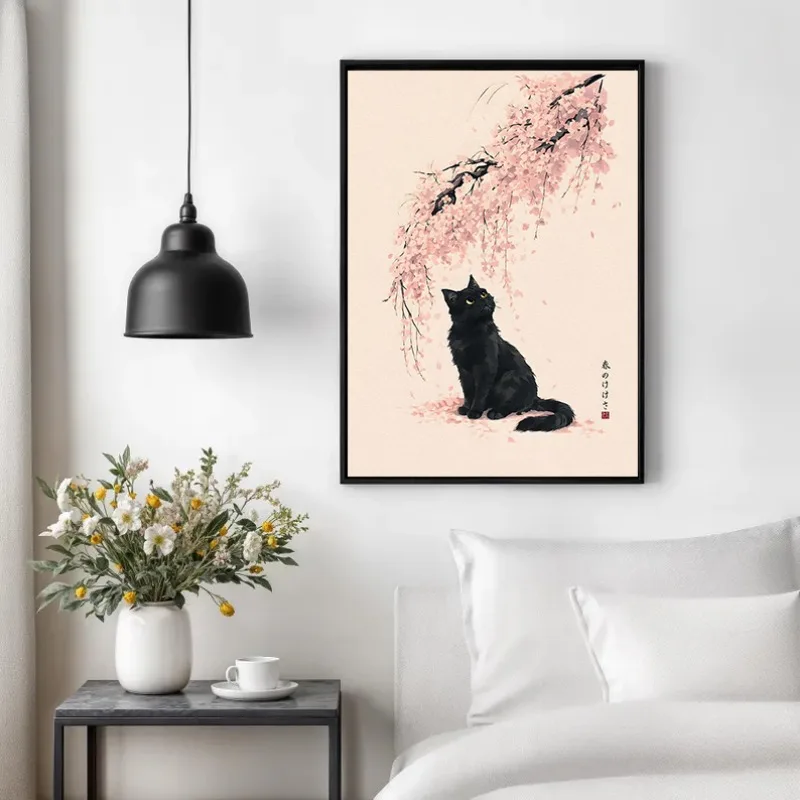 Pink Cherry Blossom Animal Japan Art Poster Cat Fox Sloth Frog Panda Raccoon Canvas Painting Wall Art for Living Room Home Decor