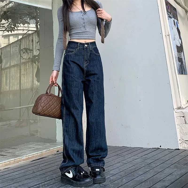 الكورية الرجعية عالية الخصر مستقيم المرأة الجينز الربيع أزياء السيدات بسيطة تنوعا فضفاض جان أزرق داكن واسعة الساق Y2K بنطلون