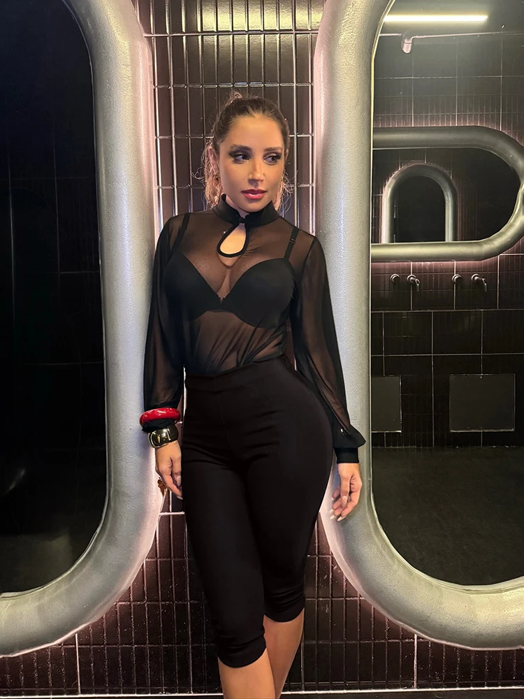 Kliou Female Club Party Style 2 Piece Set Woman Mesh See Through Button Hollow Tops+Skinny Shorts Hot Girls Sexy Fashion Outfits