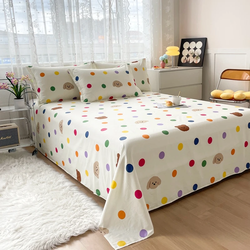 Colorful Polka Dot Bed Sheet Set Kid Cartoon Bear Single Soft Bedding with 2 Pillowcases Adult Bedroom Decoration King Bed Cover