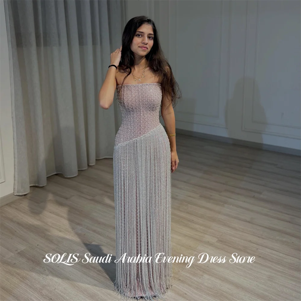 SOLIS Blush Pink Evening Gown Strapless Sleeveless Prom Dress Beading On Chest Wedding Evening Dress robes de soirée Customized