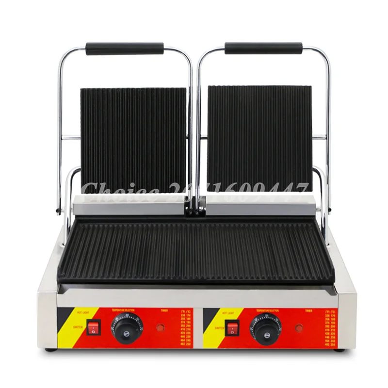 Commercial Stainless Steel Double Layer Panini Machine Stripe Fried Steak Hamburger Sandwich Machine