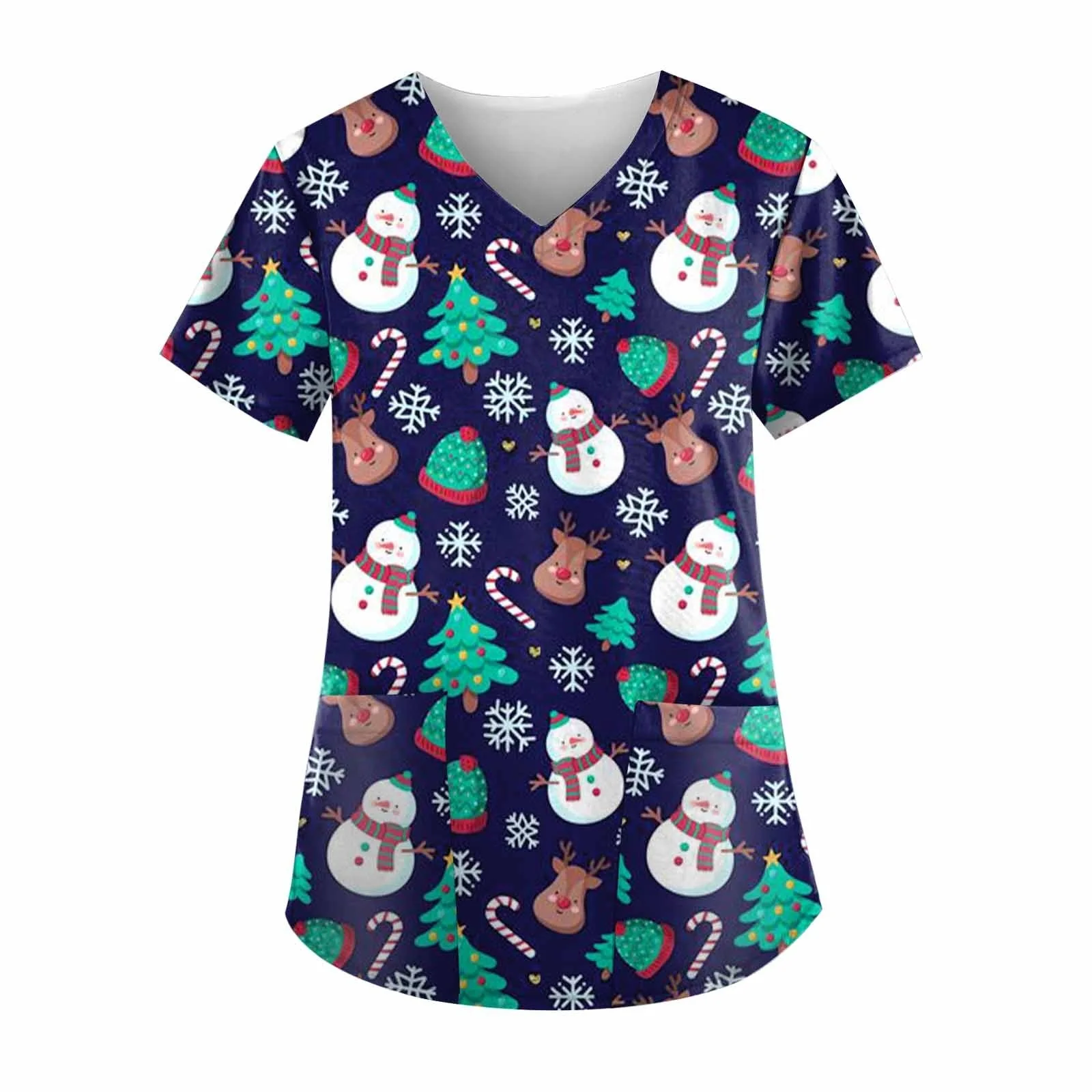 Novo uniforme clínico de natal mulher verão dos desenhos animados impressão 3d microelástico uniformes médicos casual com decote em v uniforme de enfermeira mulher topo