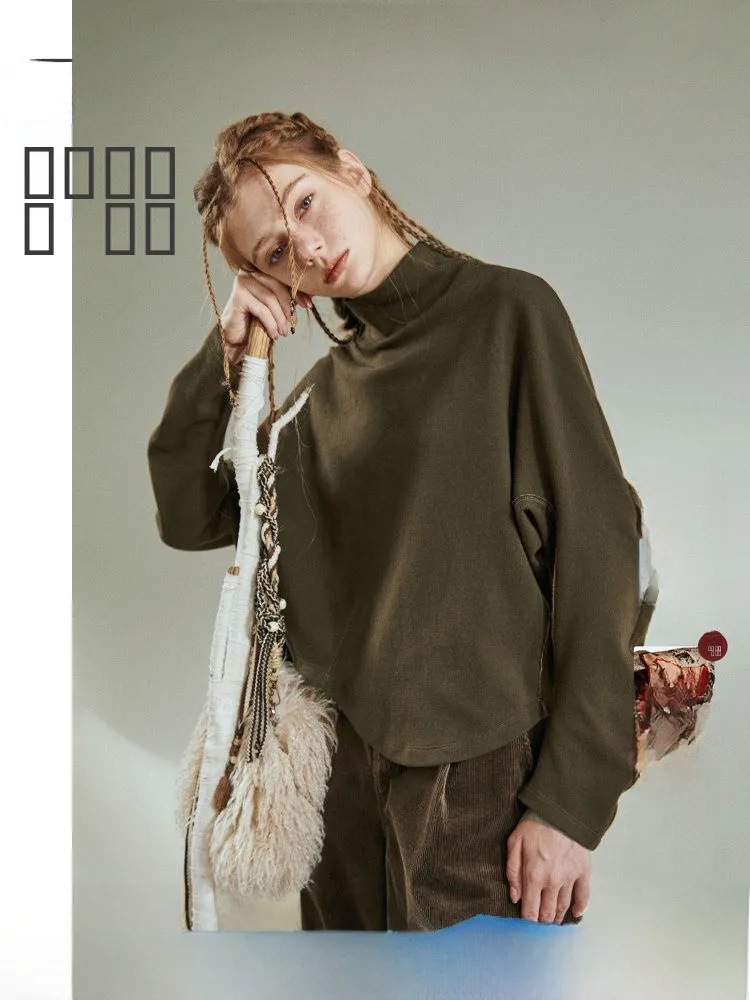 

Loose Long Sve T-irt Casual Thiened Knife Sve High Collar Women's Comfortable Cotton Polyester Blend Autumn Top