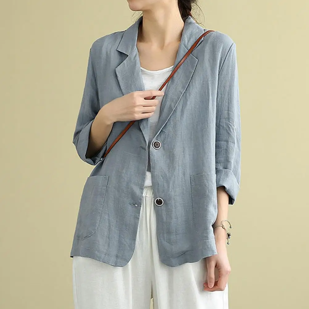 Cotton Linen Blazers Women Oversized Loose Notched Button Up Thin Blazer Coat Solid Color Long Sleeve Casual Office Jackets