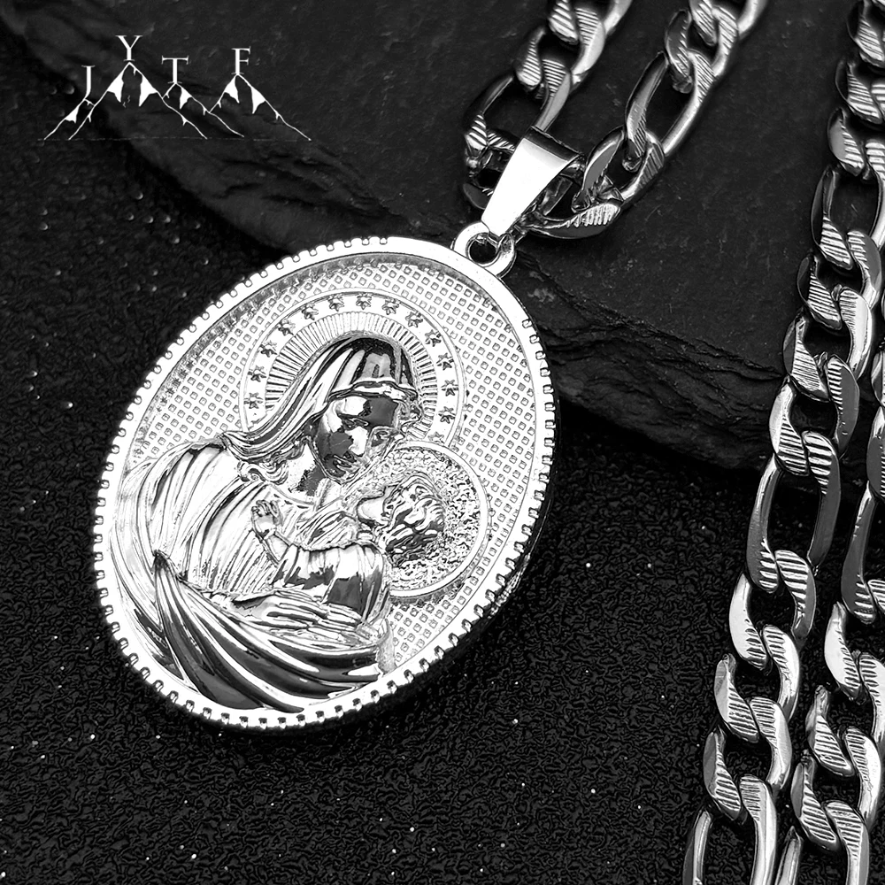 

Virgin Mary and Baby Medal Pendant Necklace for Men Geometric Religious Stainless Steel Silver Color Hip Hop Chain Jewelry