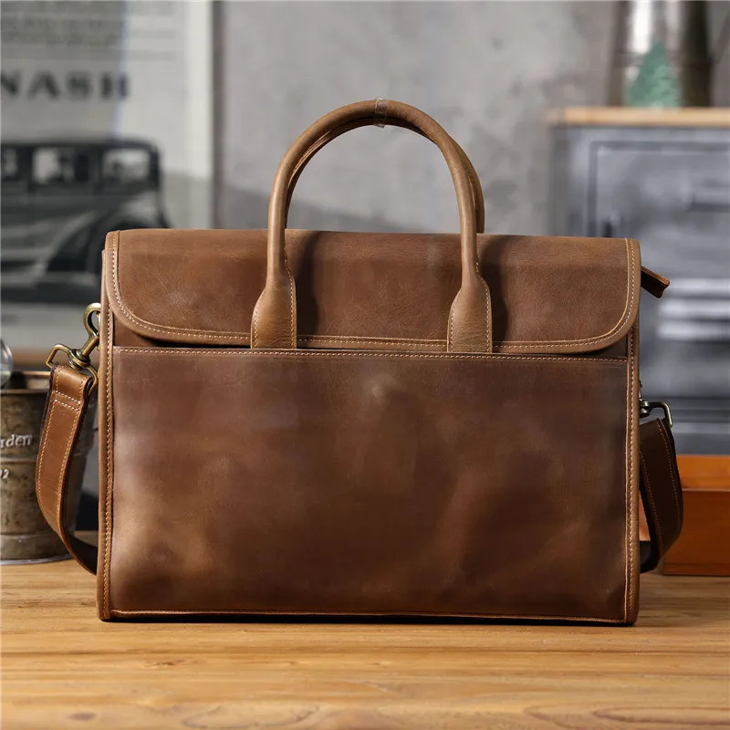 Simple vintage genuine leather men\'s briefcase daily work  luxury crazy horse cowhide computer handbag brown messenger bag