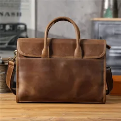 Simple vintage genuine leather men's briefcase daily work  luxury crazy horse cowhide computer handbag brown messenger bag