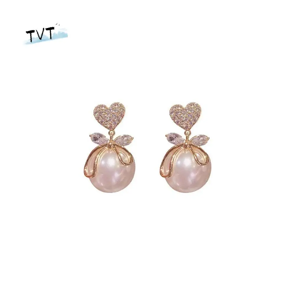 

Simple Vintage Rhinestones Gift Love Heart Female Ear Accessories Alloy Bow Dangle Earrings Korean Ear Stud Women Earrings