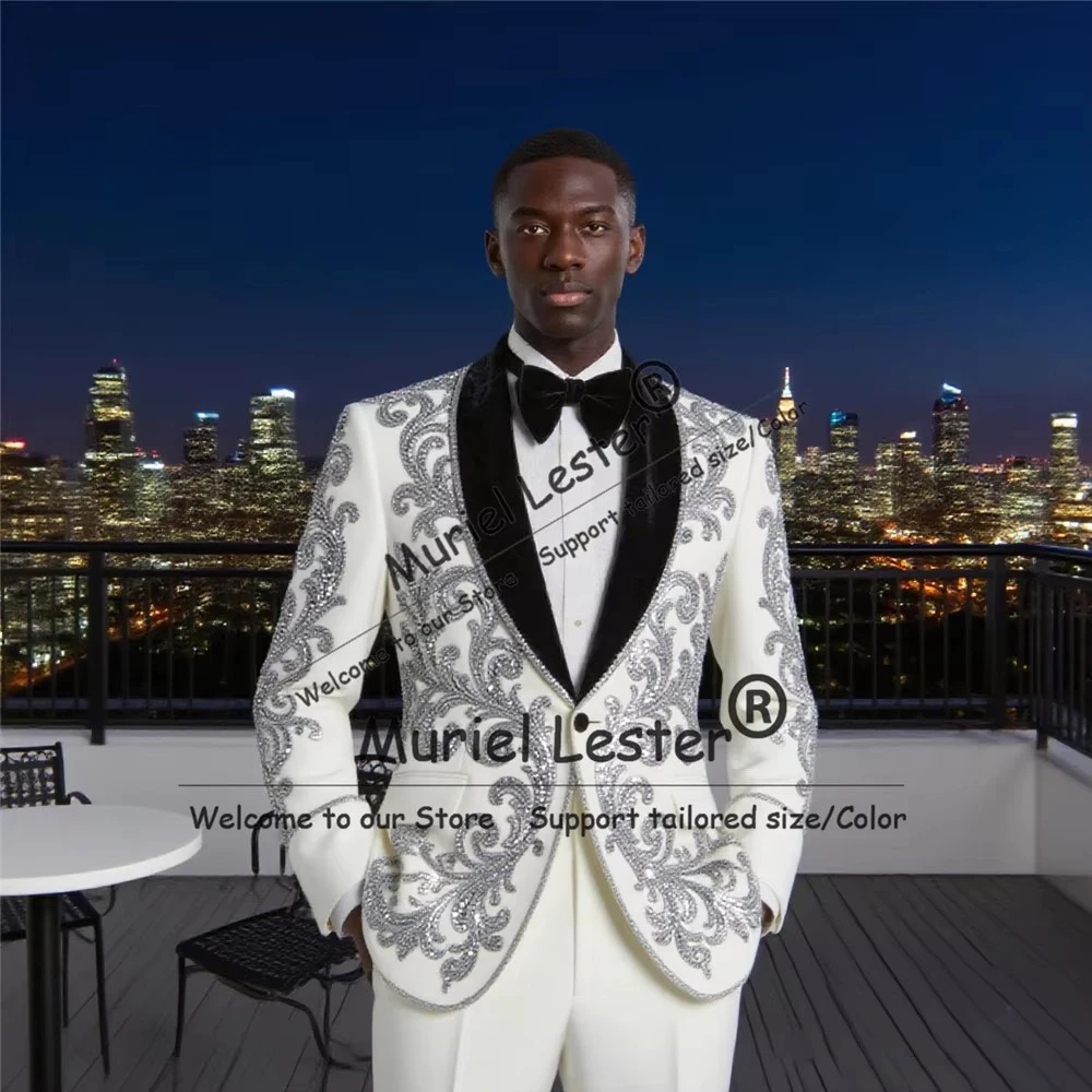

Customized Formal Men Suits Slim Fit Shawl Lapel Groom Wedding Tuxedos 2 Pieces Sliver Beaded Prom Blazers Outfits Ropa Hombre