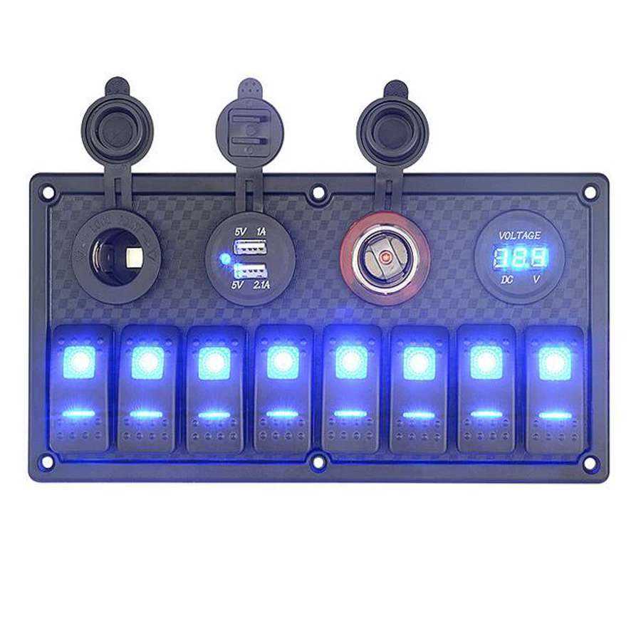 8 Gang Marine Rocker Switch Panel W/USB Charger Socket W/Cigarette Lighter Socket & Voltmeter For Yacht RV Boat ATV Truck Car