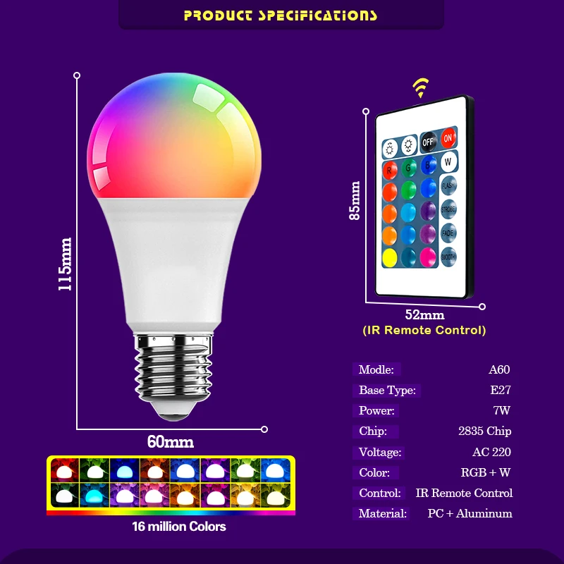 LED RGB Light Bulb AC 220V 230V E27 Bombillas LED 7W IR Remote Control Changeable Colorful RGBW Led Lamp Spotlight Bulb