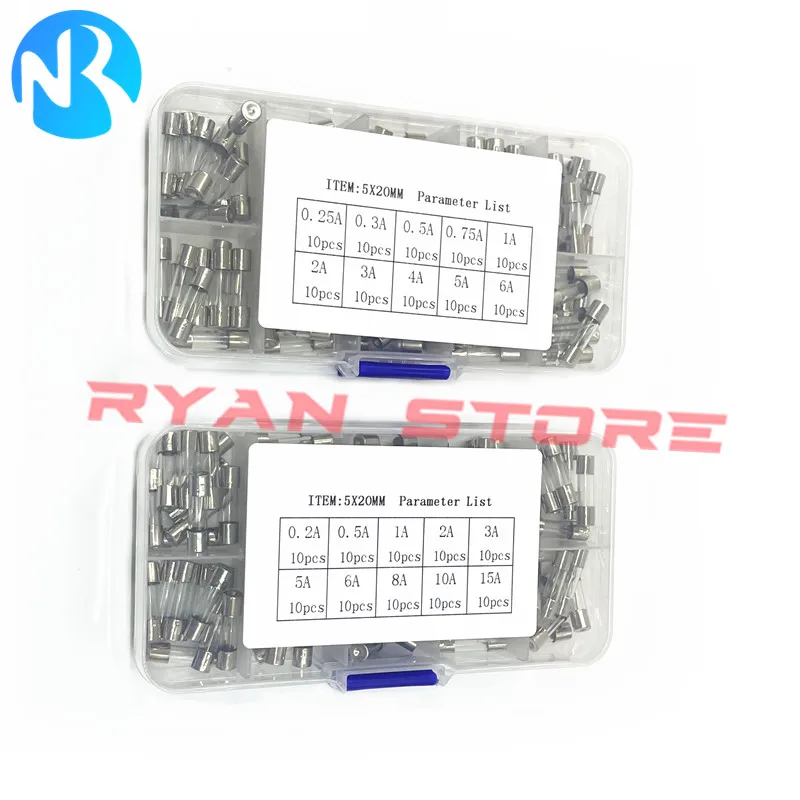 100 sztuk/pudło 5*20 5x20MM zestaw różnych bezpieczników szklanych 0,2A 0,25A 0,3A 0,5A 1A 2A 3A 4A 5A 6A 8A 10A 15A zestaw