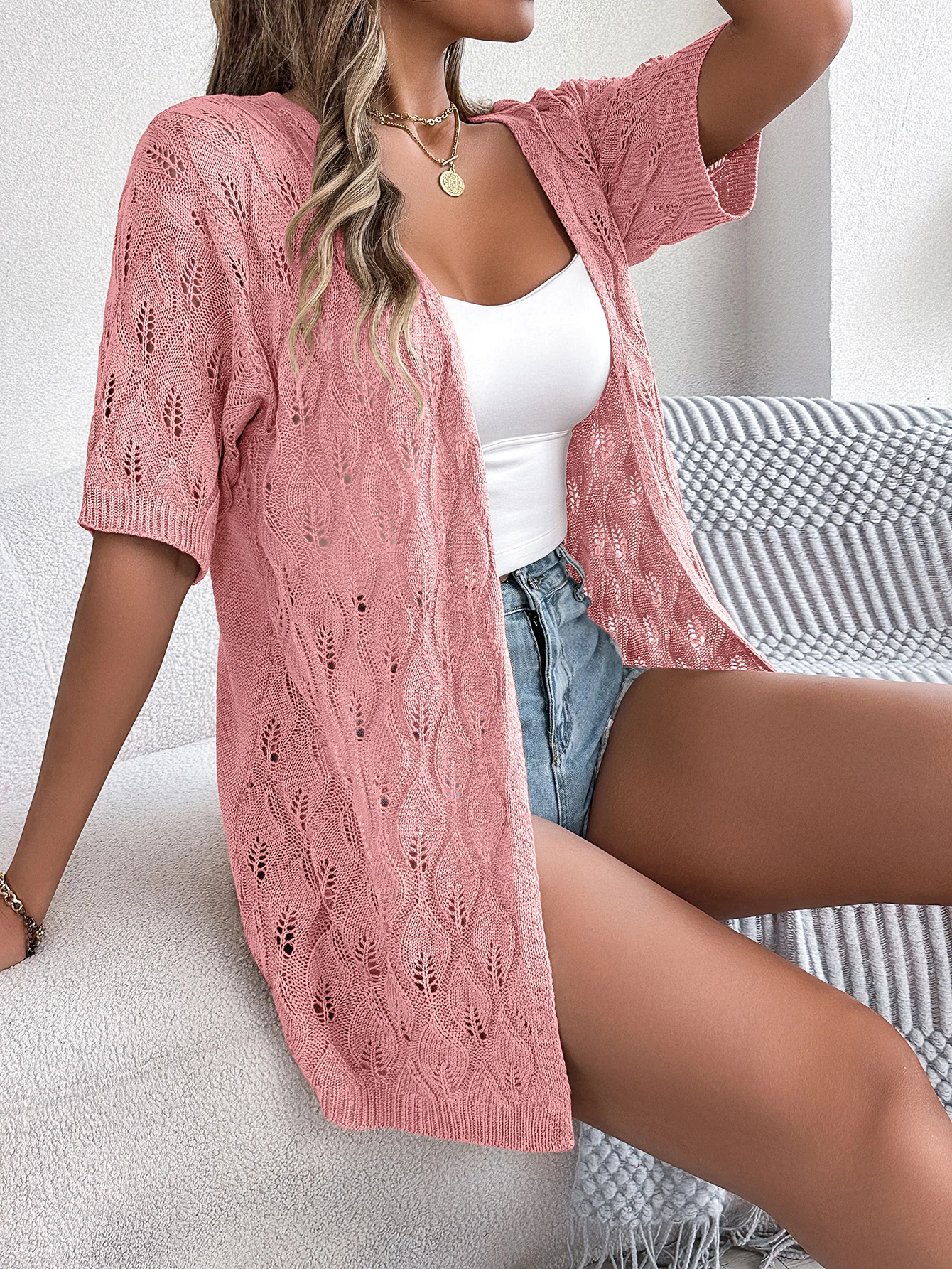 Elegant Leaf Hollow Out Cardigan Short Sleeved Knitted  Tops for Women Spring and Summer Beach Sun proof Shirt