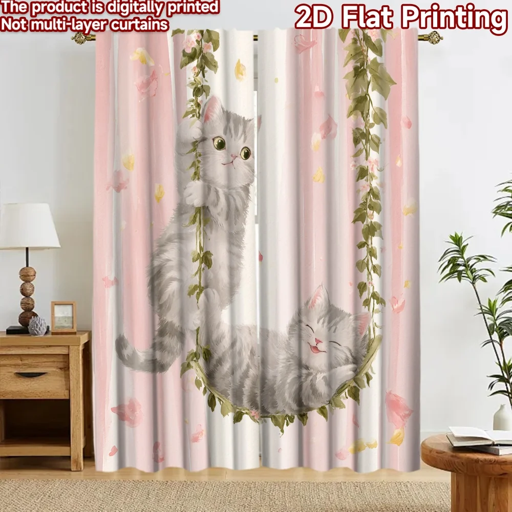 2D flat 2pcs Curtain French Romantic Style Curtains Cute Kittens on Swing Digitally printed polyester Party & Holiday Decor for