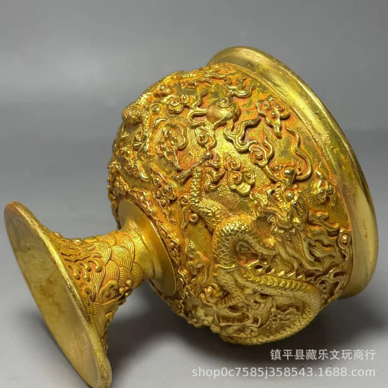 Antique gilded copper wine cup double dragons playing with pearls, vintage Qing Dynasty Qianlong era high-footed tribute cu