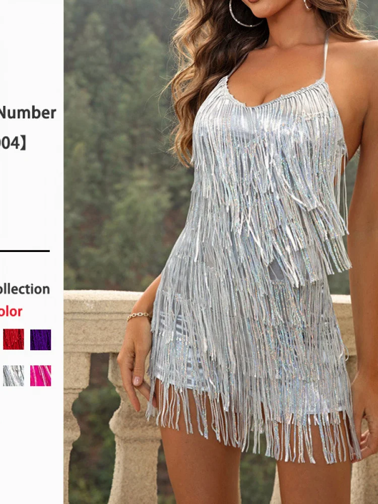 

Faionable Bar ow Off-oulder Slimming One-Piece Pants Sequin Tassel Strap High-Waisted Evening Gown for Women