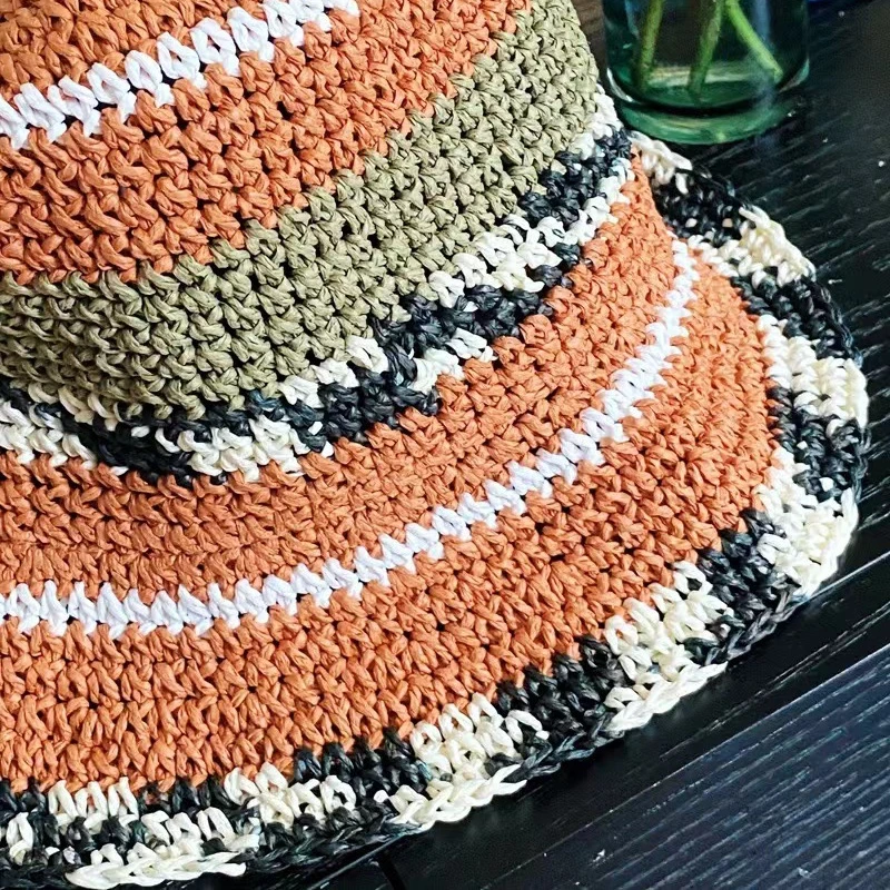 New Dome Color Matching Women\'s Handmade Bucket Hat Summer Autumn Straw Folding Checkerboard Retro Sunshade Basin Hat Wholesale