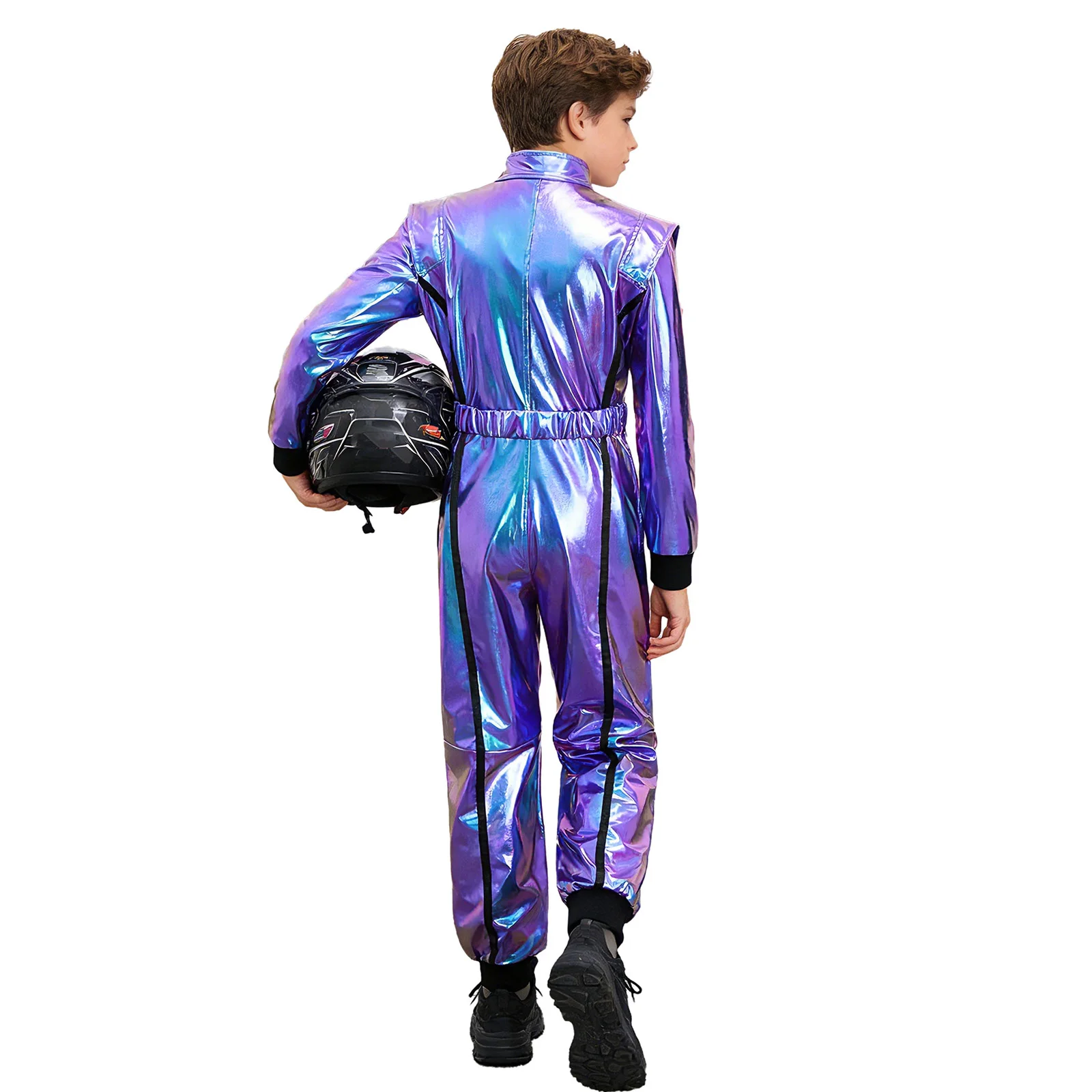 Boys Alien Robot Spacemen Astronaut Carnival Cosplay Costume Motorcycle Racing Jumpsuit Zipper Metallic Bodysuit with Belt view 2