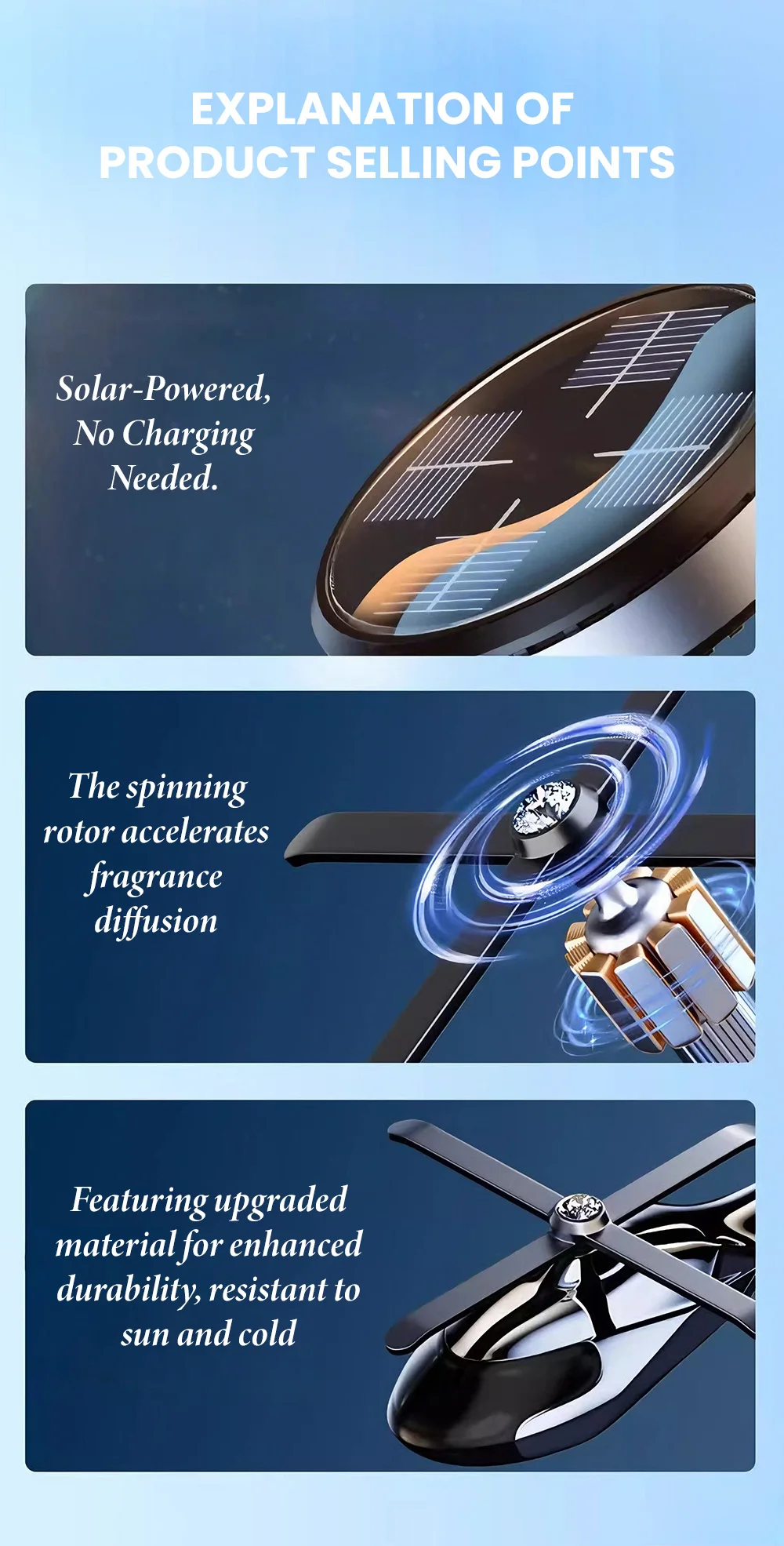 Solarbetriebener, rotierender Hubschrauber als Auto-Dekoartikel mit kreativer Aromatherapie für die Mittelkonsole, als Geschenk für Männer. – Detail 5