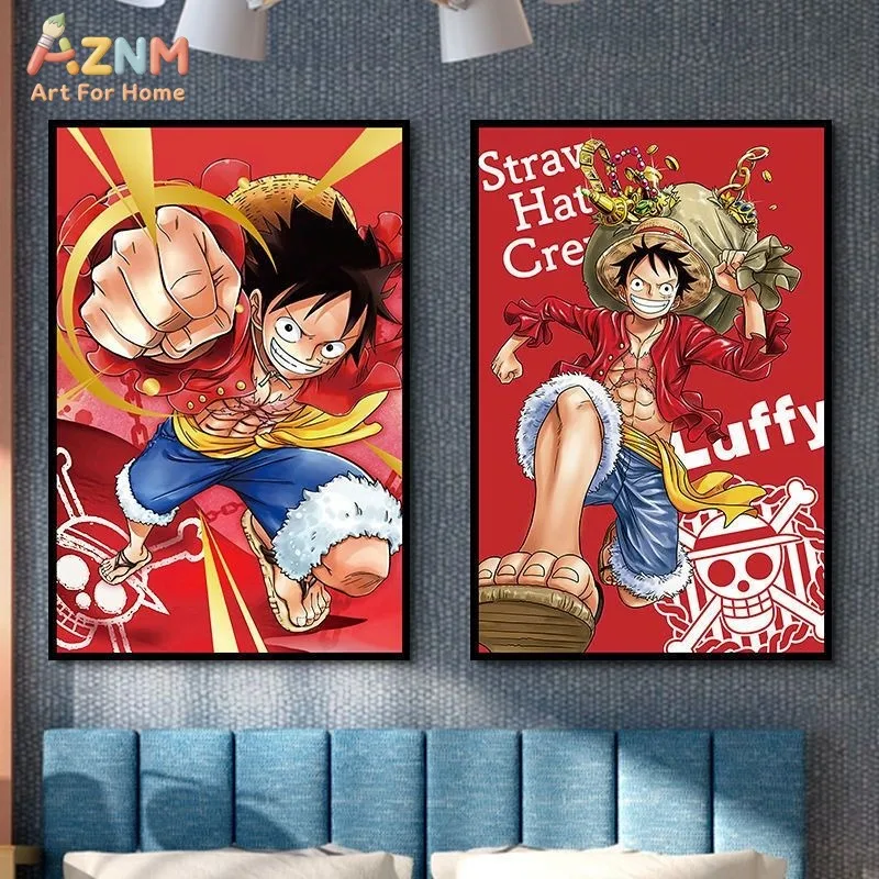 AZNM One Piece Monkey D Luffy Two Pieces Action Figure Red Background Anime Frameless Canvas Wall Art, Home Living Room Bedroom