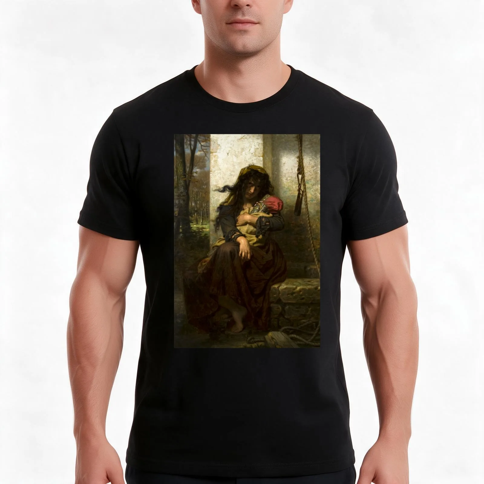 Hugues Merle - El loco de Etretat (1871). Camiseta de verano, de algodón, de estilo informal, de corte amplio, ideal para el día a día, unisex, para hombres y mujeres.