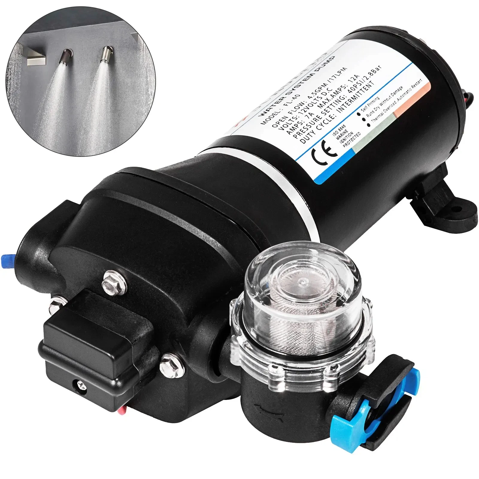 VEVOR 12V Diaphragm Water Pump 17L/Min 40PSI High Pressure Automatic Self Priming Misting Booster Pump Car Marine