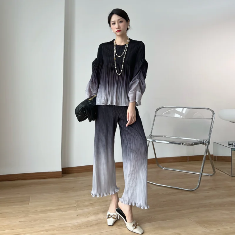Miyake – ensemble pantalon plissé, dégradé de couleur, nouvelle mode printemps 2021, manches bulles, ample, grande taille, costume deux pièces fin pour femmes