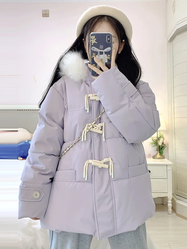 Blue Thiened down Jaet Women's Winter Warm Coat Fur Collar Windproof Outerwear College Sle Loose Fit Polyester Fiber