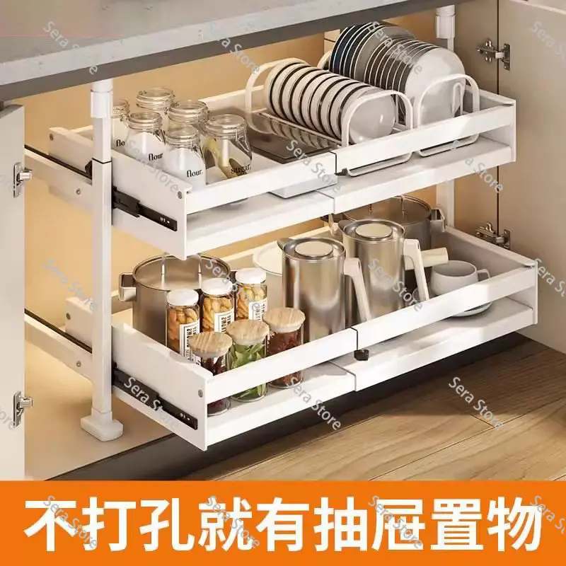 Kitchen Storage Rack Pull Out Drawer Basket No Drill Double Layer Storage Rack Cabinet Organizer