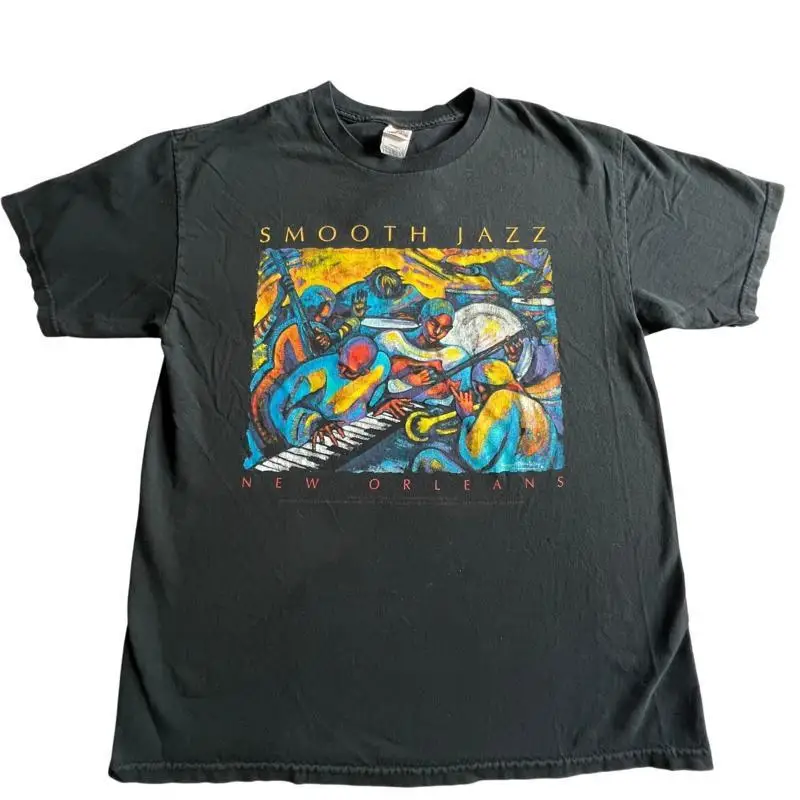 Smooth Jazz New Orleans Print T Shirt L Colorful Art Festival Vtg hole