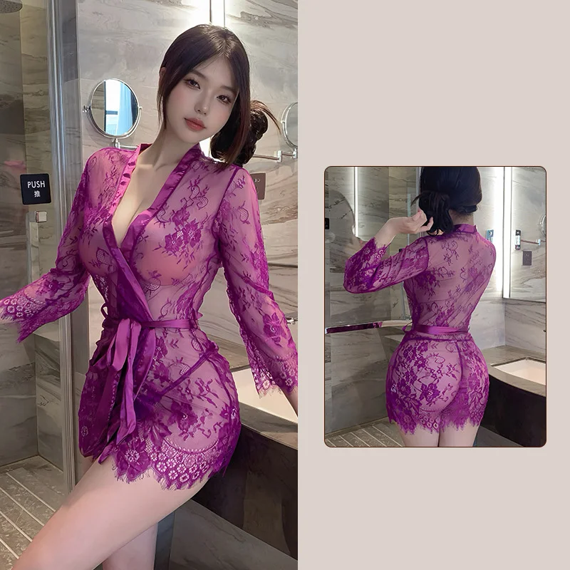 Sexy lingerie lace sexy women purple perspective seductive long skirt Women's corset Schoolgirl costume Sexual fantasy Sex shop