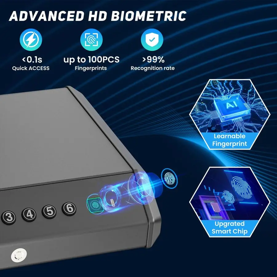 ピストル用ガンセーフ、指紋認証デジタルPINキー付きハンドガンセーフ、家庭用寝室ベッドサイドナイトスタンド用ガンロックボックス収納