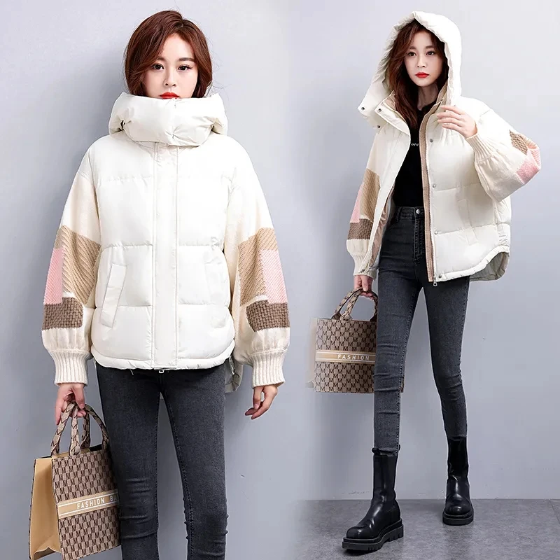 Womens Down Cotton Jacket 2023 New Winter Parkas Thciken Hooded Short Padded Coat Loose Korean Splice Outerwear Female Clothing