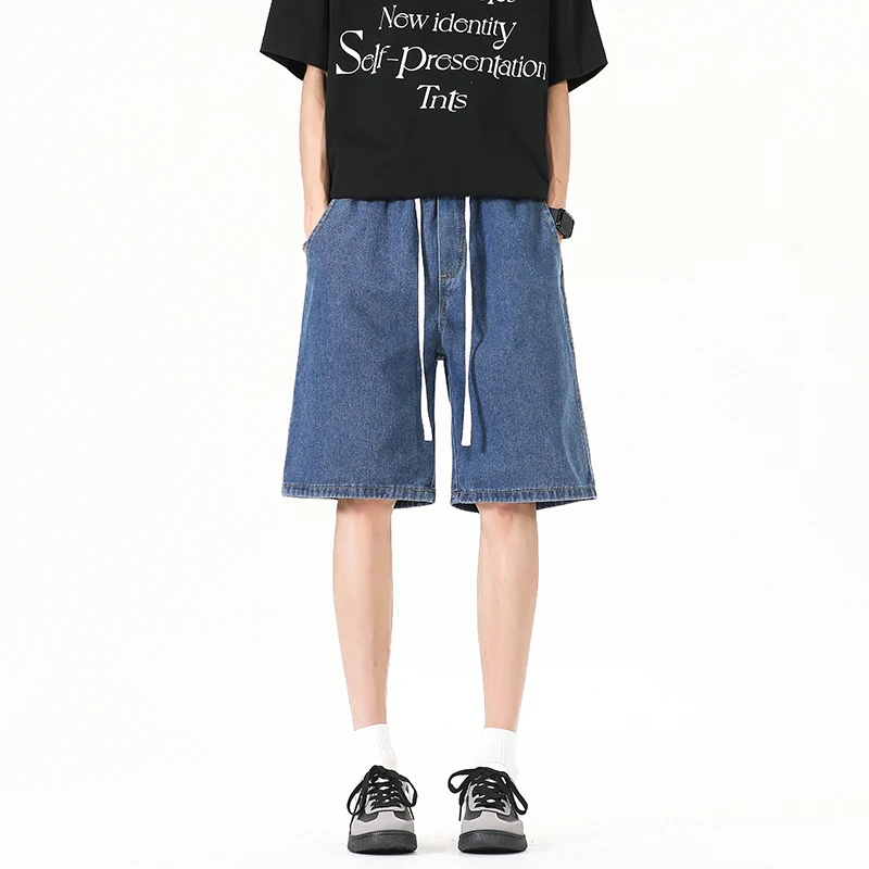 

Deep Blue Summer Men's Thin Non-Elastic Elastic Waist Drawstring Jeans Mid-Length Pants