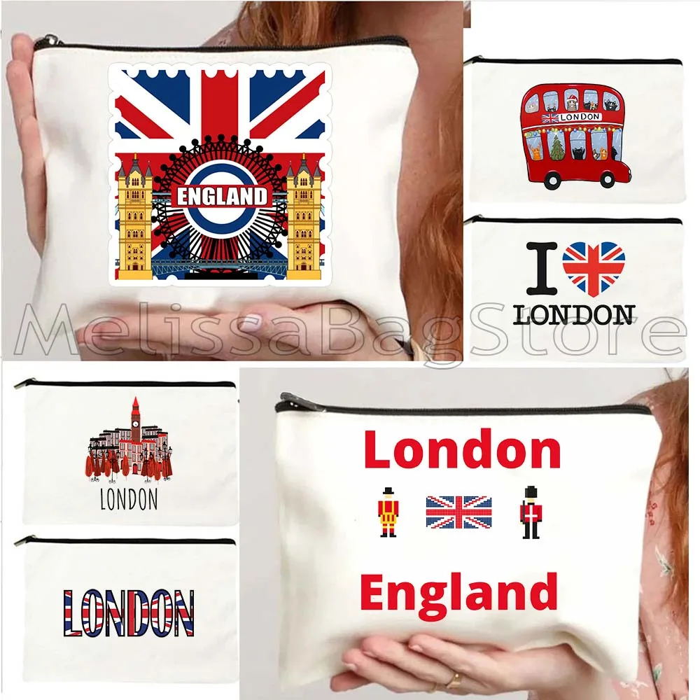 London England Flag Map Skyline United Kingdom Bus Big Ben Bridge Phone Booth Gift Canvas Storage Cosmetic Bag Makeup Case Pouch