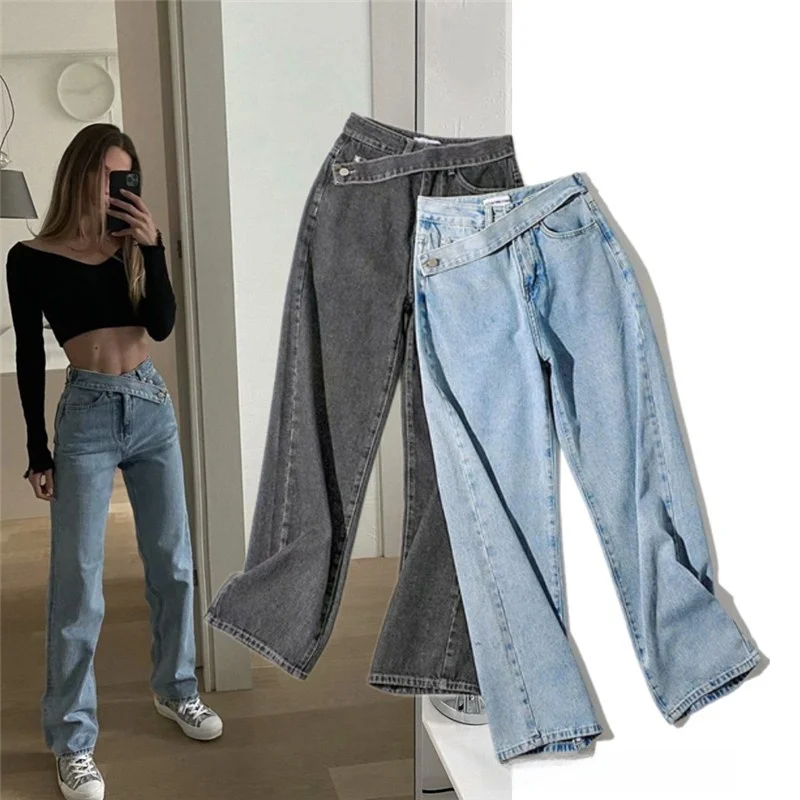 

Прямые джинсы с высокой талией, женские повседневные утягивающие длинные брюки, джинсовые брюки асимметричного дизайна, модные модные брюки