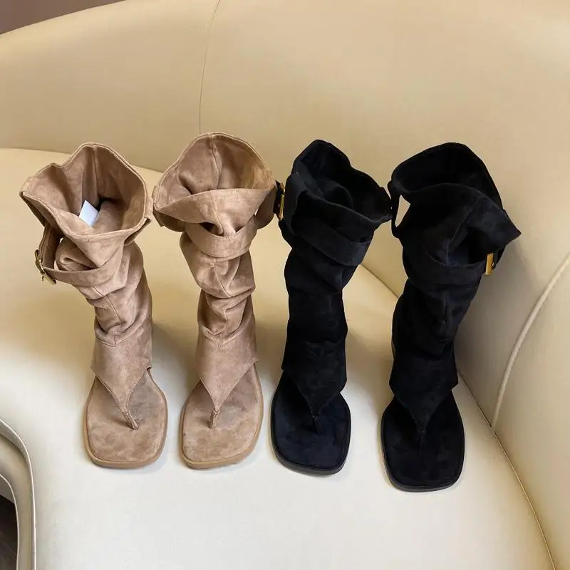 Fashion Versatile Woman Shoes Summer New Items Square Toe Flat Shoes Retro Women's Clip Toe Boots Anti Slip Women's Sandals