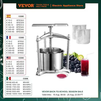 VEVOR-Manual Fruit and Wine Press Maker, Aço Inoxidável, Doméstico, Natureza, Máquina De Fazer Suco De Legumes, Cozinha Em Casa, 1.6 Gal, 6L