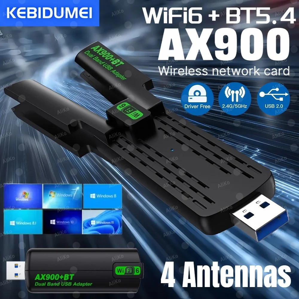 

2IN1 AX900 WIFI6 Bluetooth 5.4 USB Wireless Adapter 2.4G/5Ghz 900Mbps Dual Band 4-Antennas WiFi Network Card Dongle For WIN10/11
