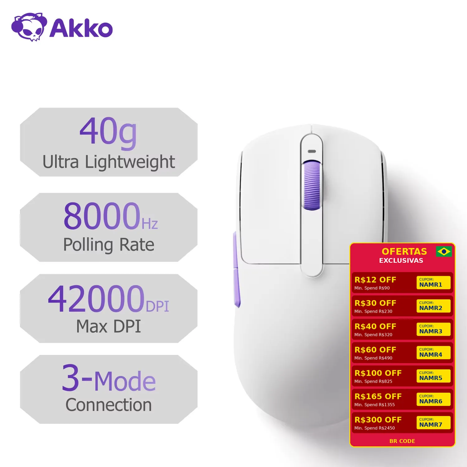Mouse Akko Dash MAX/Ultra com Sensor PixArt PAW3950/PAW3395, 42000DPI, Ultra-leve, Ergonômico, Mouse Gamer Sem Fio 8K para E-sports