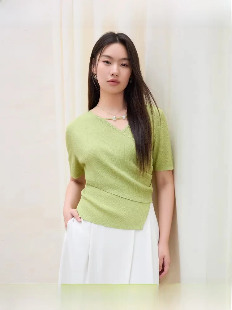 

plus Size Women's Knitted Wrap ort Sve Top Summer Faion Design Sweet Sle V-Ne Regular Fit Thin Material Casual Wear