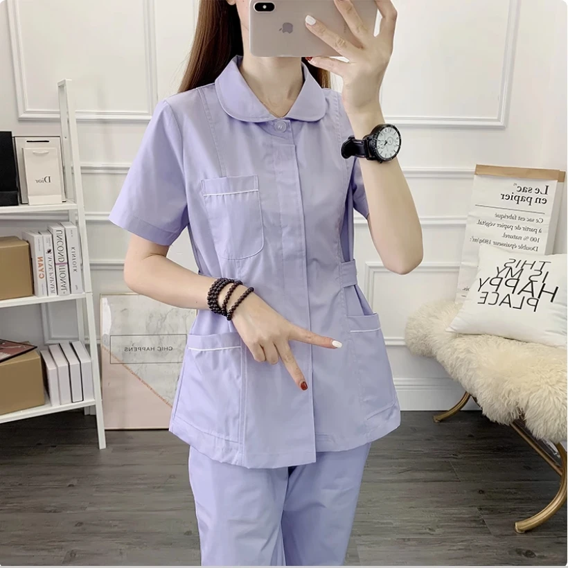 Ensemble d'infirmière à manches courtes pour femmes, vêtements de travail pour chirurgie plastique, hôpital, dentiste, lune fendue, vêtements pour sœurs, édition fine d'été